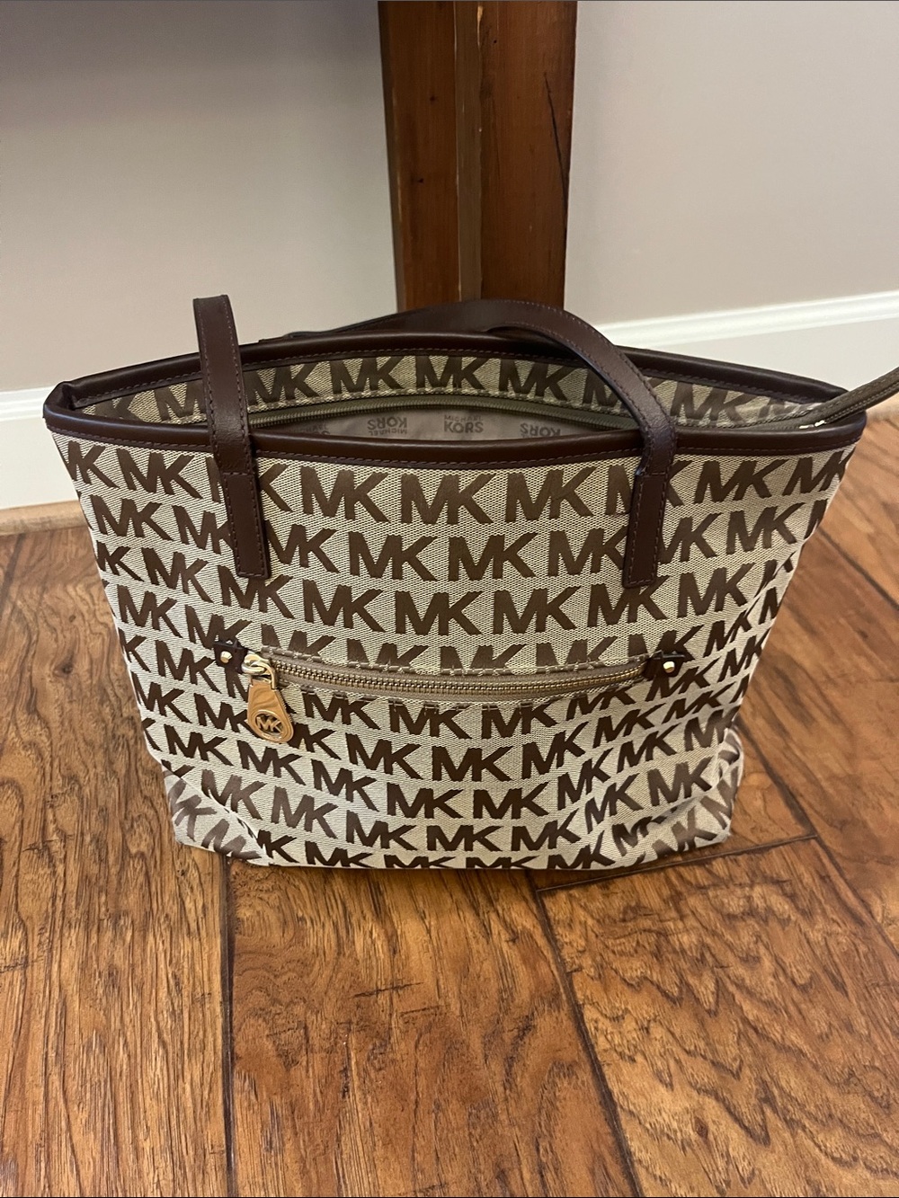 Michael Kors Beige and Brown MK Logo Canvas Tote